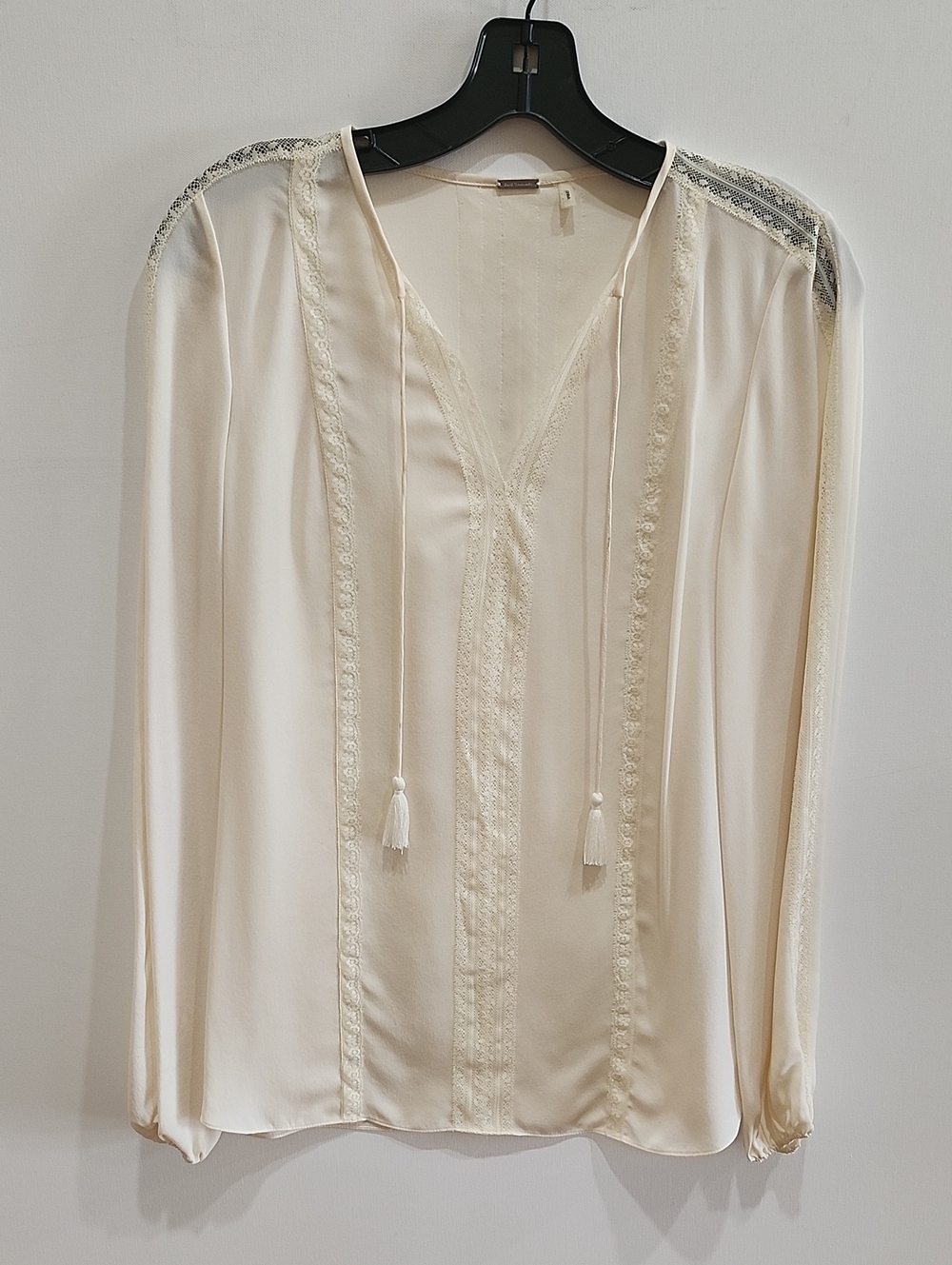 Elie Tahari Ivory Lace-Trim Tassel V-Neck Blouse